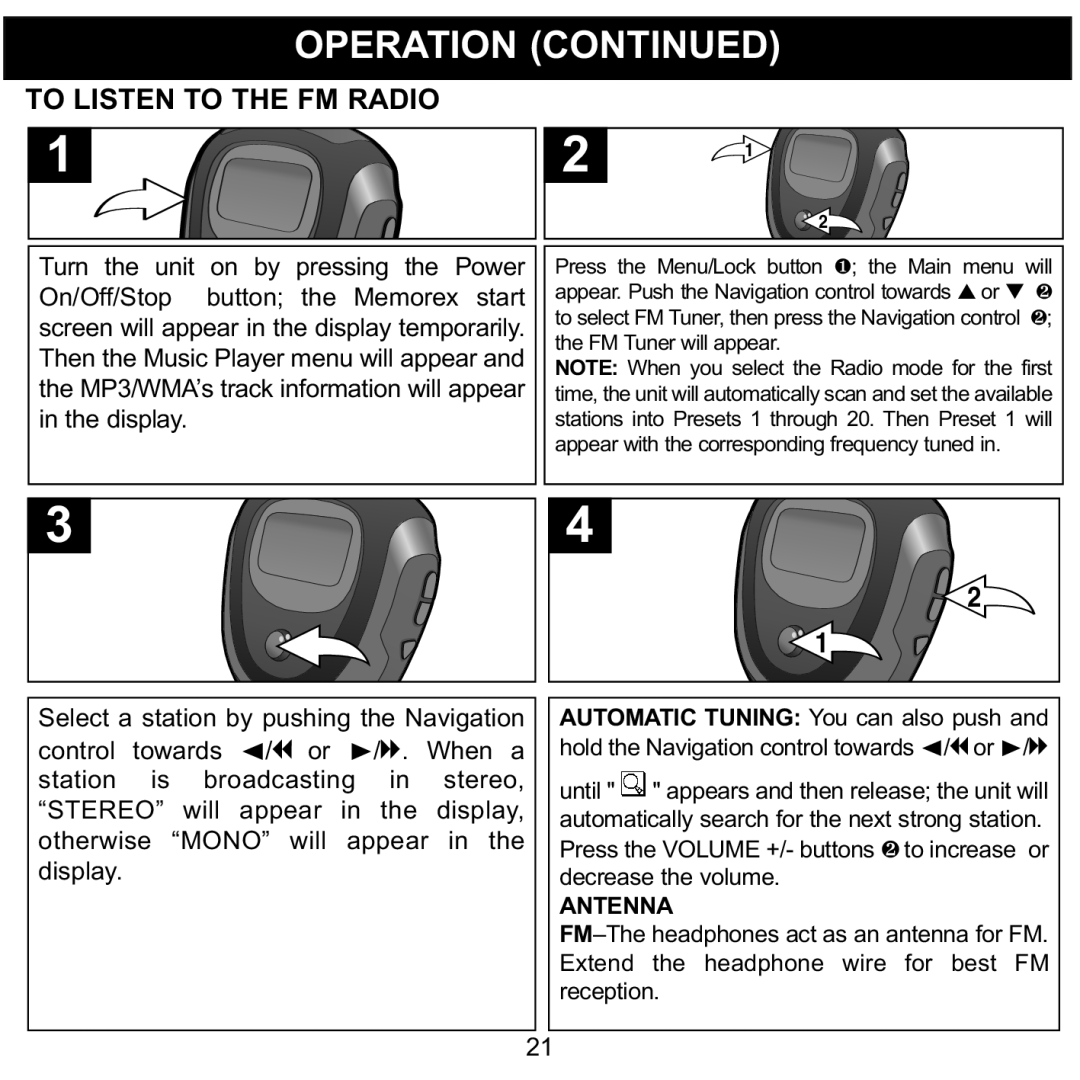 Memorex 8564 manual To Listen to the FM Radio, On/Off/Stop button the Memorex start 