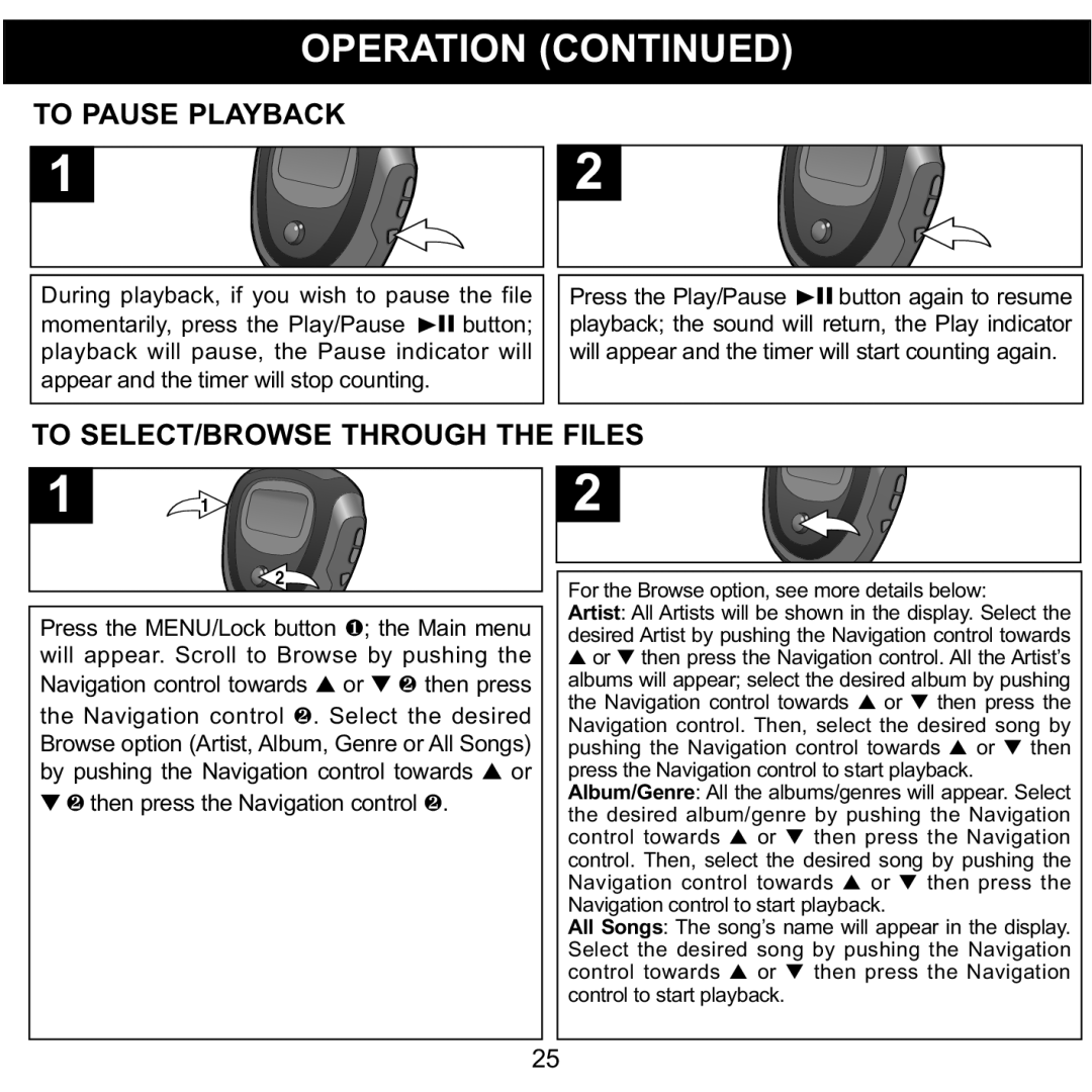 Memorex 8564 manual To Pause Playback, To SELECT/BROWSE Through the Files 