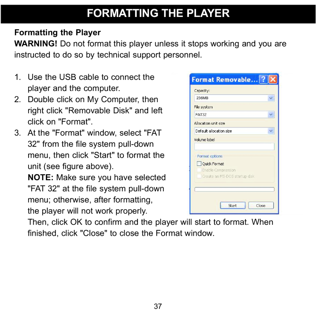 Memorex 8564 manual Formatting the Player 