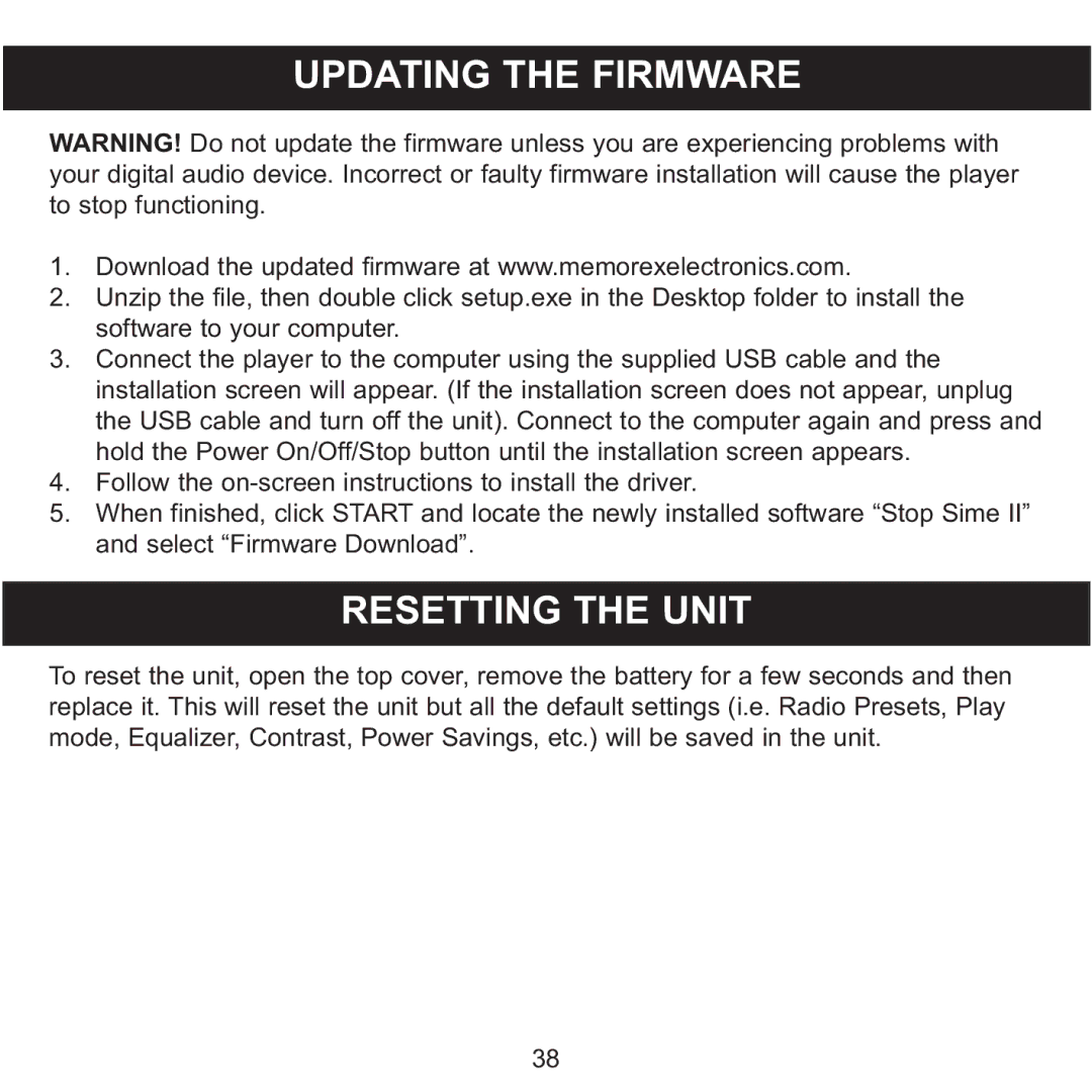 Memorex 8564 manual Updating the Firmware, Resetting the Unit 