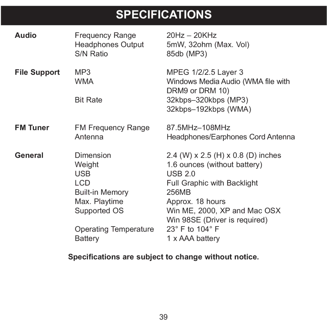 Memorex 8564 manual Specifications, Audio File Support 