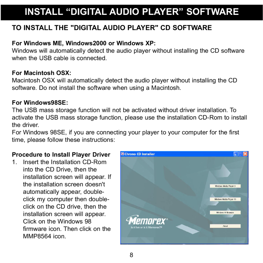 Memorex 8564 manual Install Digital Audio Player Software, To Install the Digital Audio Player CD Software 