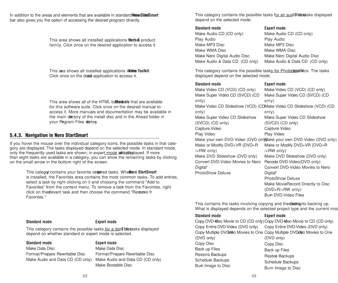 Memorex 8X software manual Navigation in Nero StartSmart 