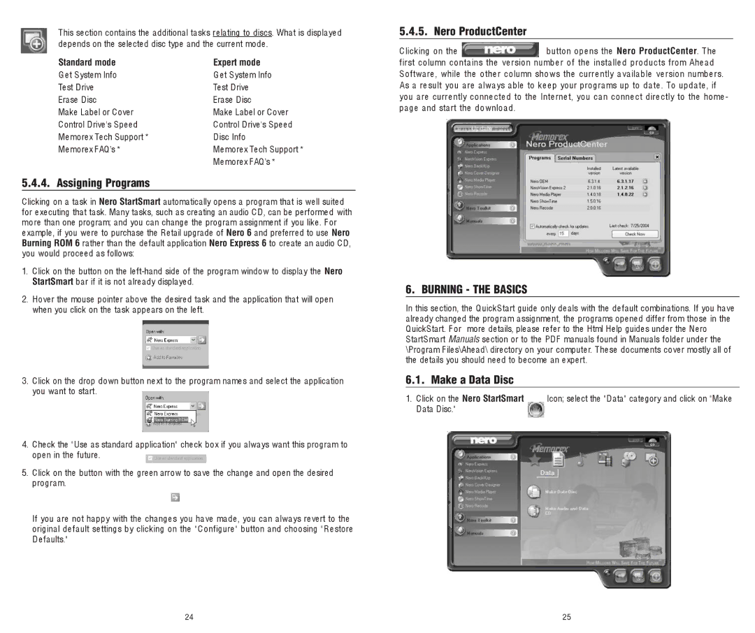 Memorex 8X software manual Nero ProductCenter, Assigning Programs, Burning the Basics, Make a Data Disc 