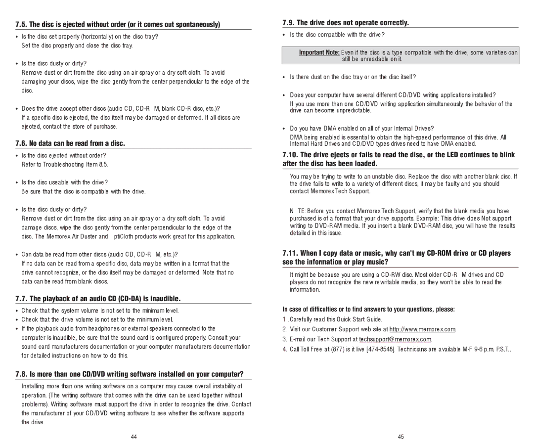 Memorex 8X software manual Important Note 