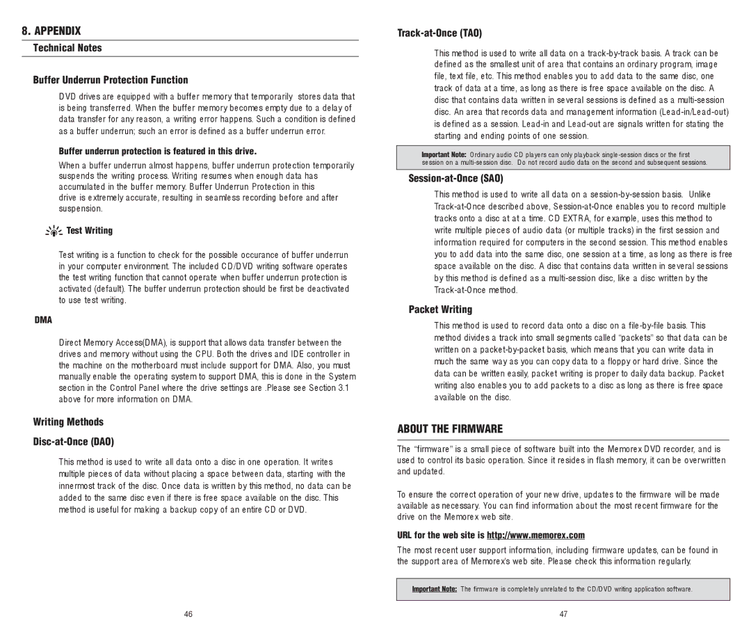 Memorex 8X software manual Appendix, About the Firmware 