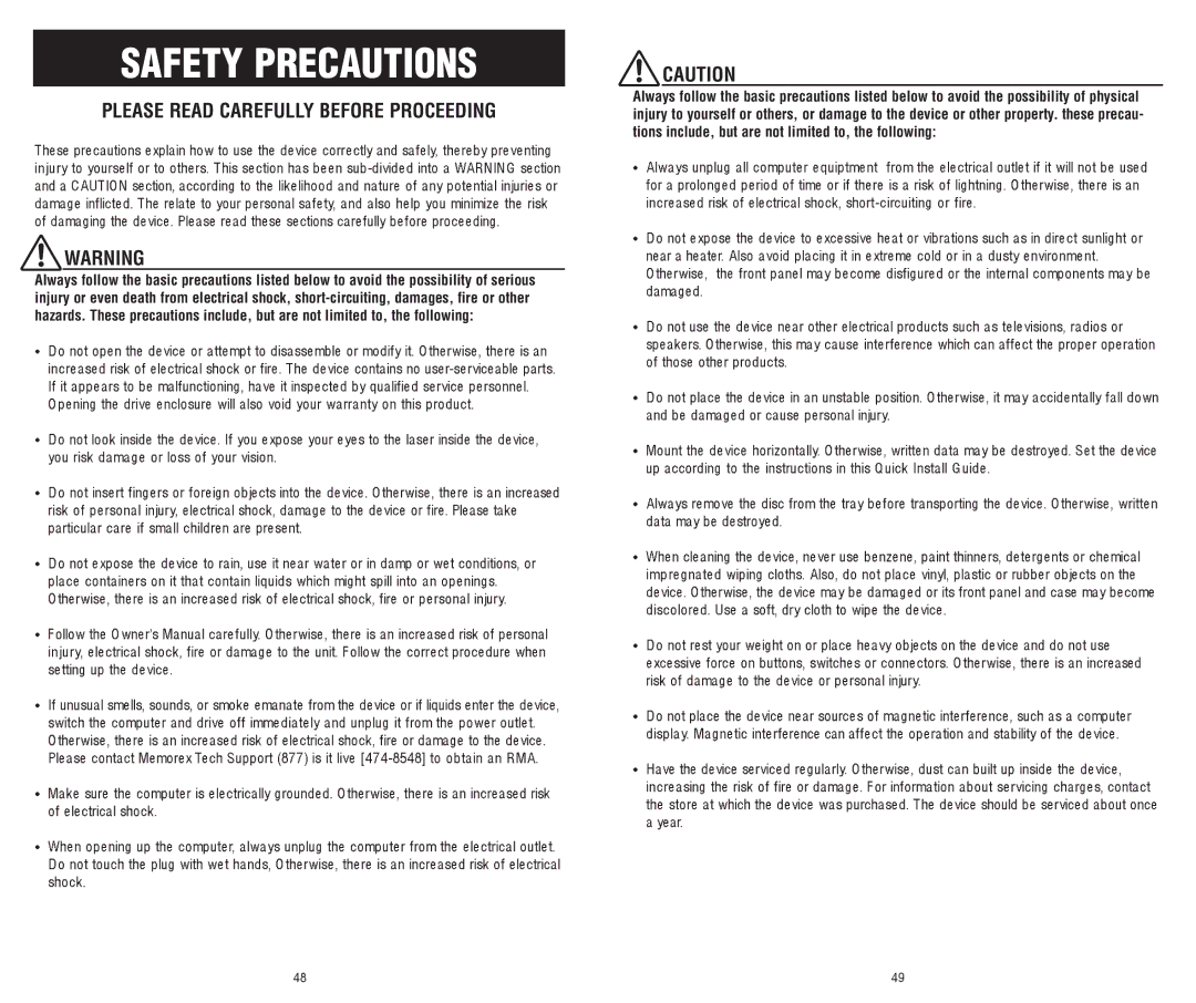 Memorex 8X software manual Safety Precautions 