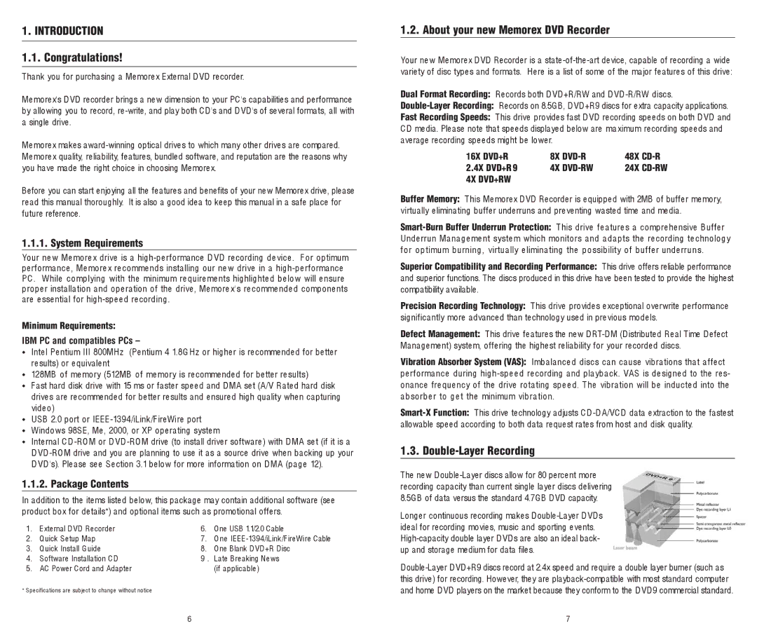 Memorex 8X software manual Introduction, Congratulations, About your new Memorex DVD Recorder, Double-Layer Recording 