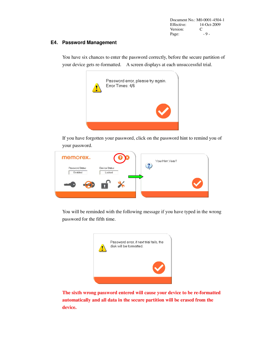 Memorex c user manual E4. Password Management 