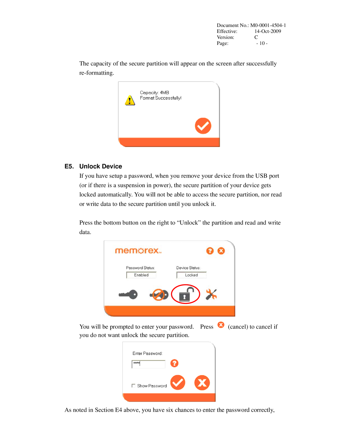 Memorex user manual E5. Unlock Device 