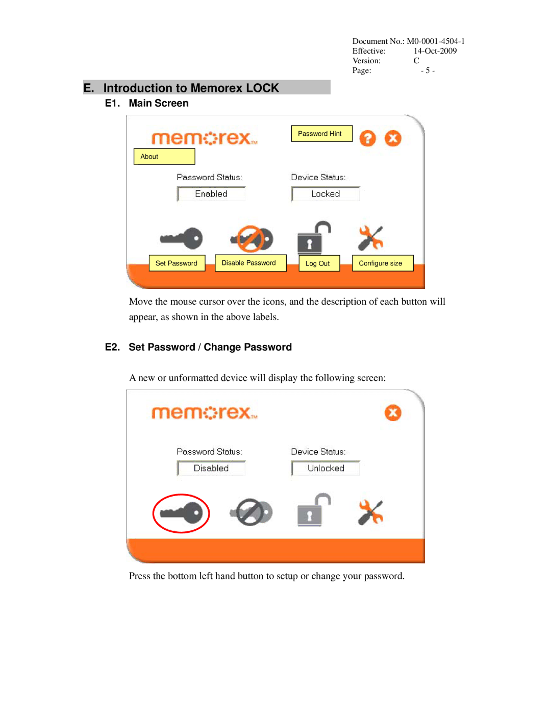 Memorex user manual Introduction to Memorex Lock, E1. Main Screen, E2. Set Password / Change Password 