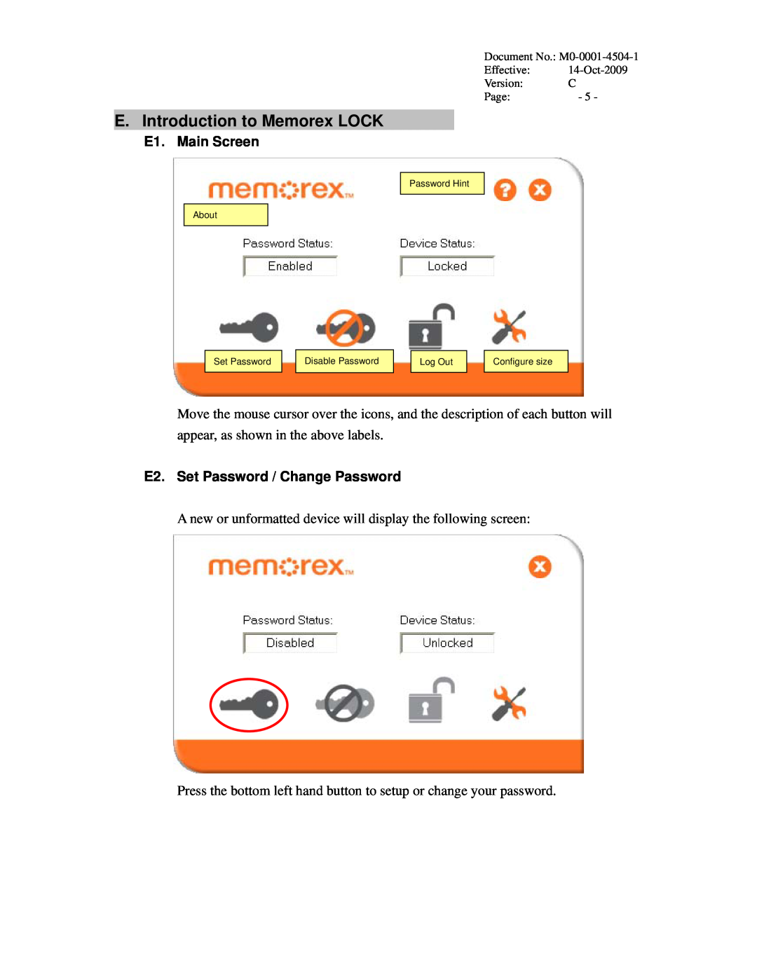 Memorex user manual E. Introduction to Memorex LOCK, E1. Main Screen, E2. Set Password / Change Password 