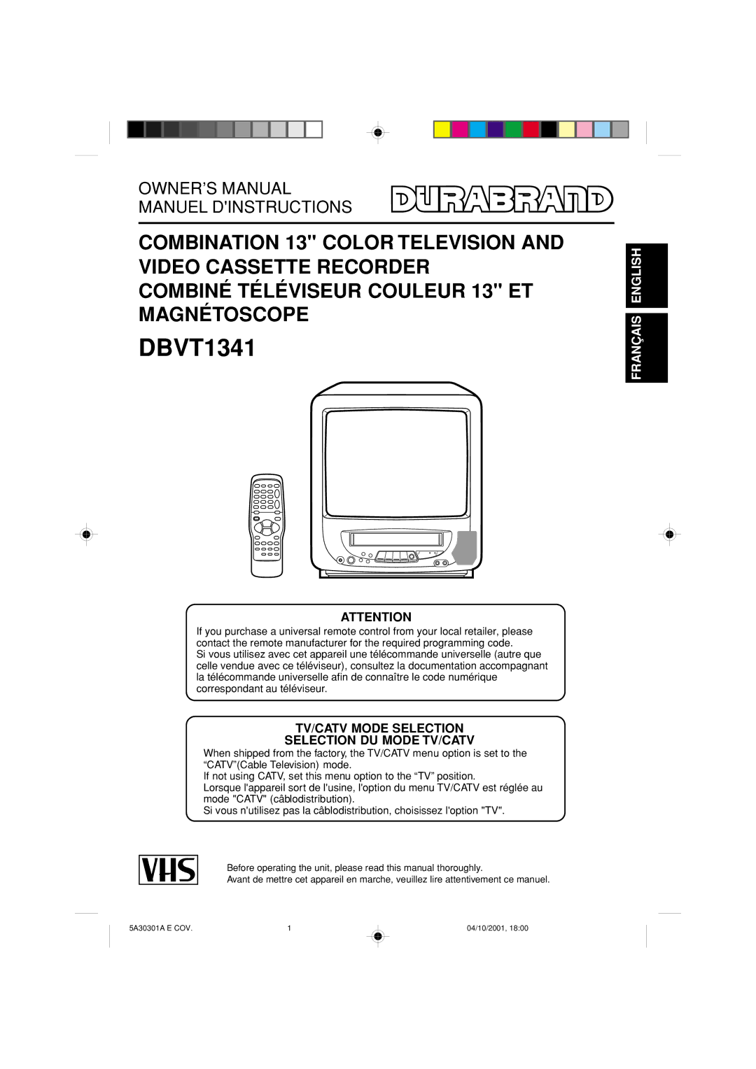 Memorex DBVT1341 owner manual TV/CATV Mode Selection Selection DU Mode TV/CATV 