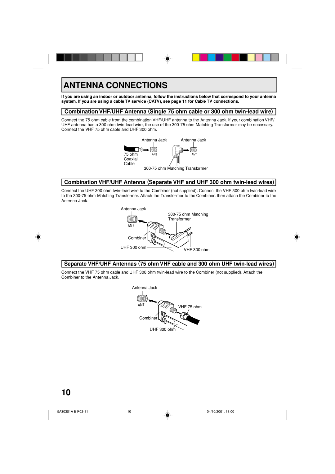 Memorex DBVT1341 owner manual Antenna Connections, Ohm Matching Transformer, Combiner UHF 300 ohm VHF 300 ohm 