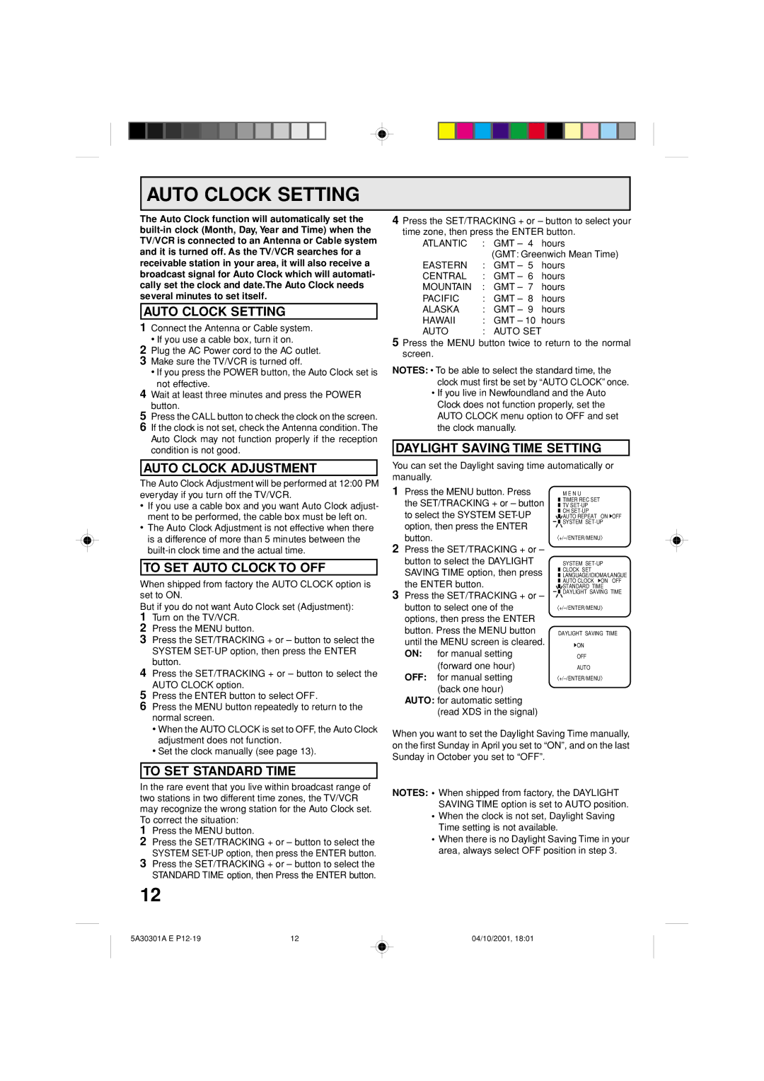 Memorex DBVT1341 owner manual Auto Clock Setting 