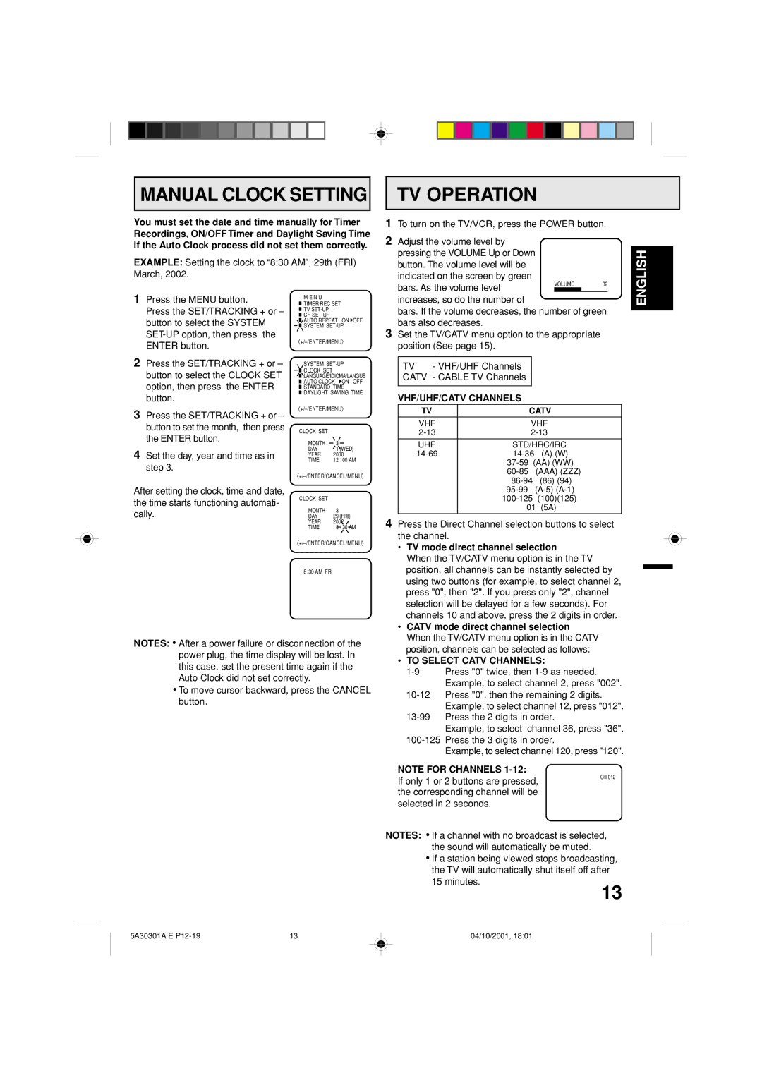 Memorex DBVT1341 owner manual Manual Clock Setting TV Operation, VHF/UHF/CATV Channels, TV mode direct channel selection 