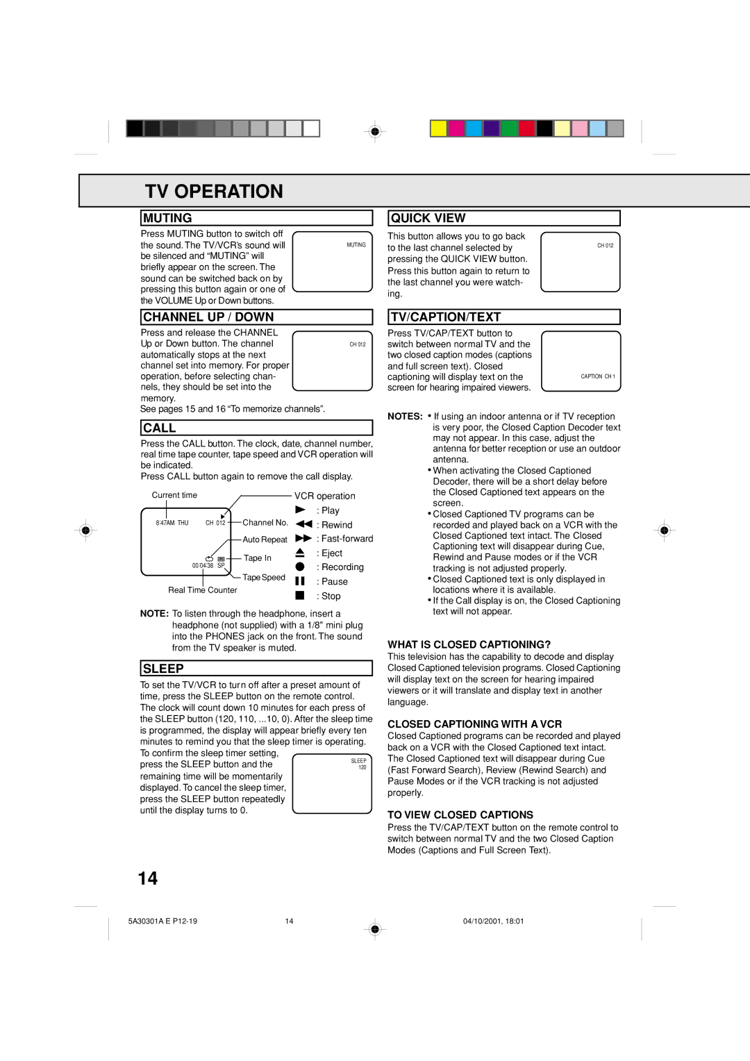 Memorex DBVT1341 owner manual Muting, Channel UP / Down, Call, Sleep, Quick View, Tv/Caption/Text 