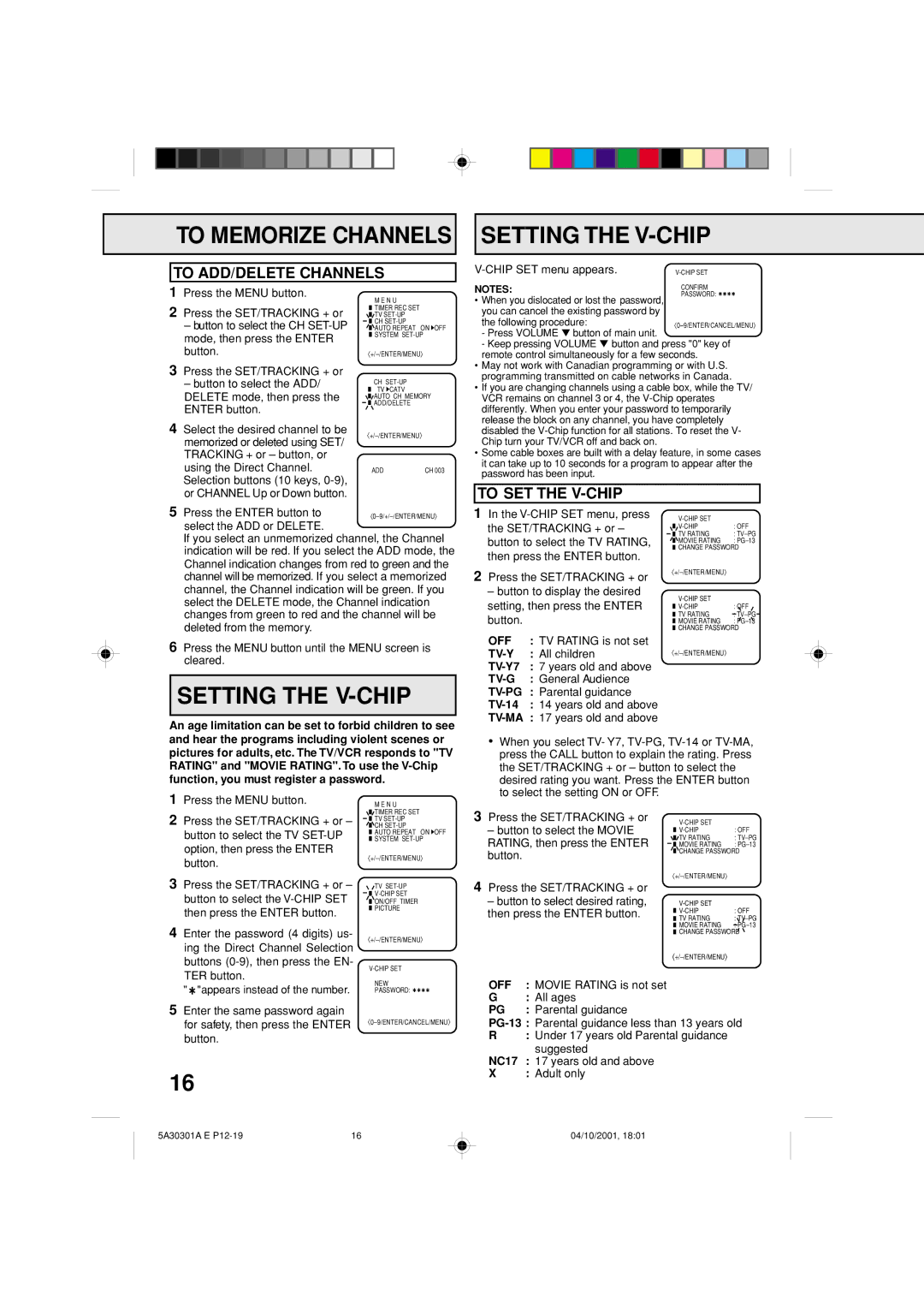 Memorex DBVT1341 owner manual To Memorize Channels Setting the V-CHIP, To ADD/DELETE Channels, To SET the V-CHIP 