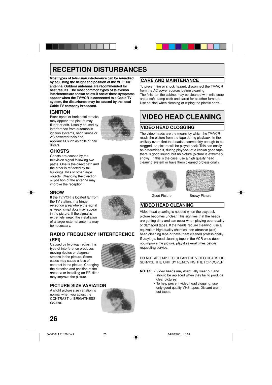 Memorex DBVT1341 owner manual Reception Disturbances, Video Head Cleaning 