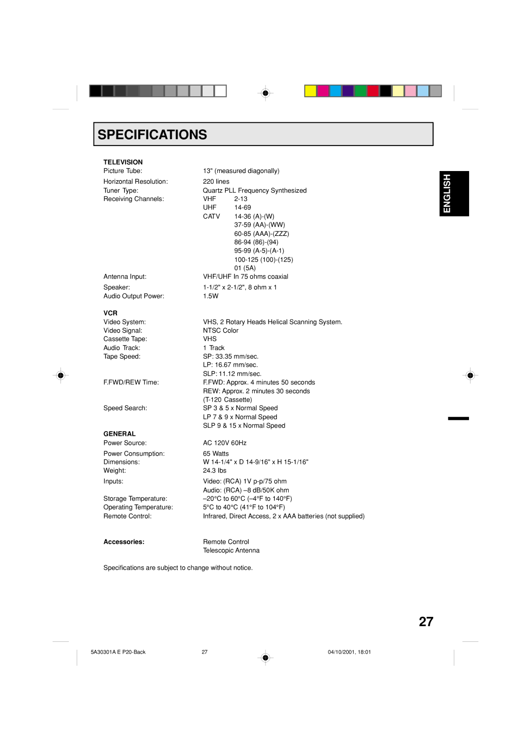 Memorex DBVT1341 owner manual Specifications, Television, Vcr, General, Accessories 