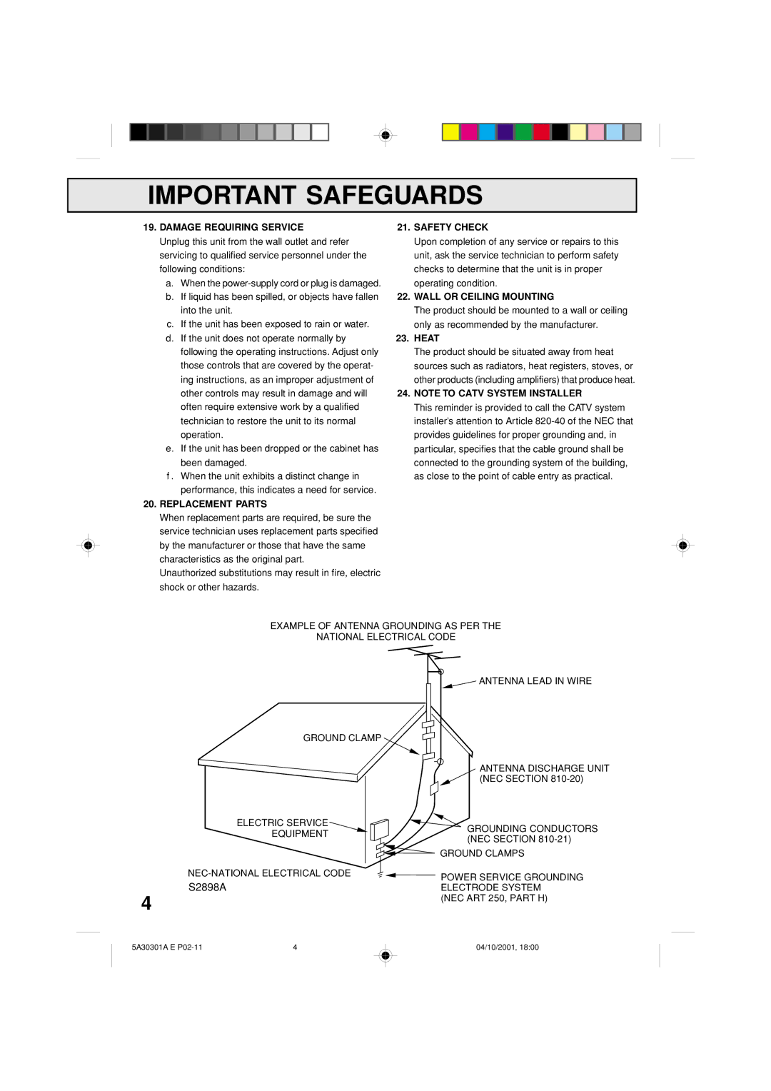 Memorex DBVT1341 owner manual Damage Requiring Service, Replacement Parts Safety Check, Wall or Ceiling Mounting, Heat 