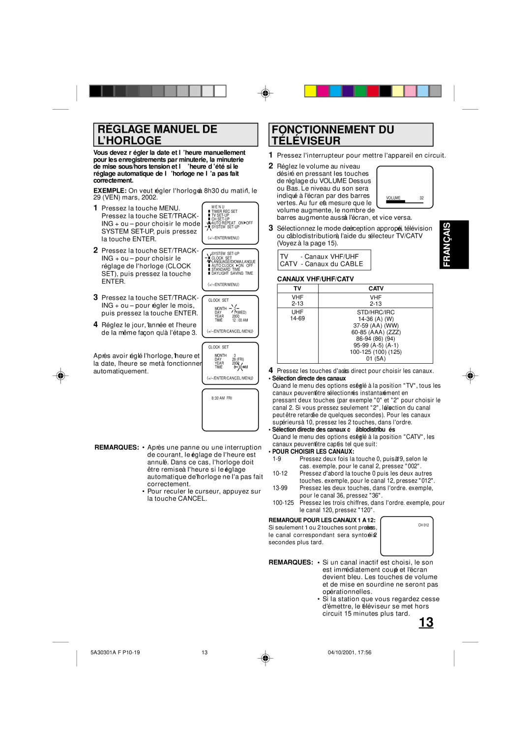 Memorex DBVT1341 Réglage Manuel DE ’HORLOGE, Fonctionnement DU Téléviseur, Canaux VHF/UHF/CATV, Pour Choisir LES Canaux 