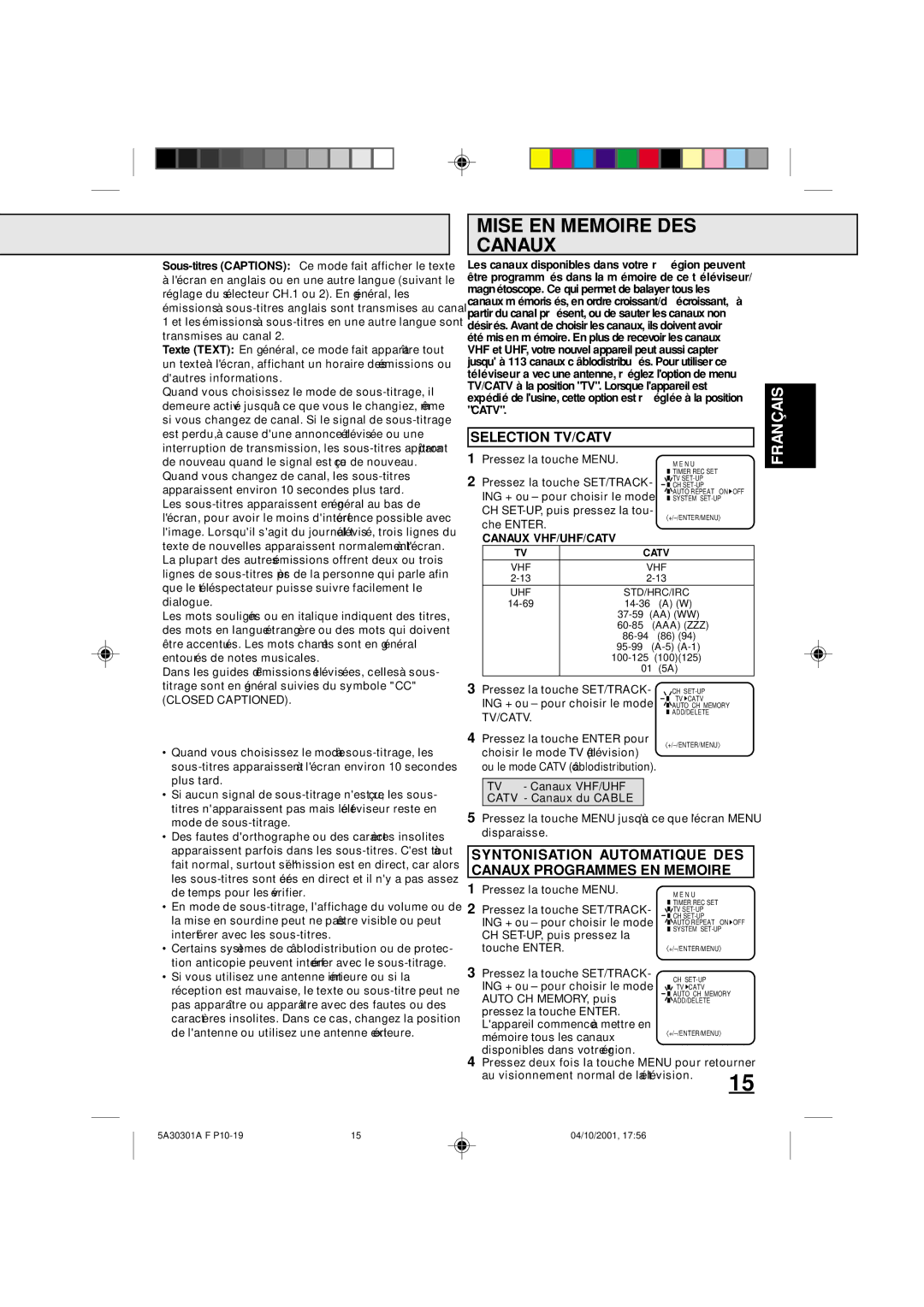 Memorex DBVT1341 Mise EN Memoire DES Canaux, Selection TV/CATV, Syntonisation Automatique DES Canaux Programmes EN Memoire 