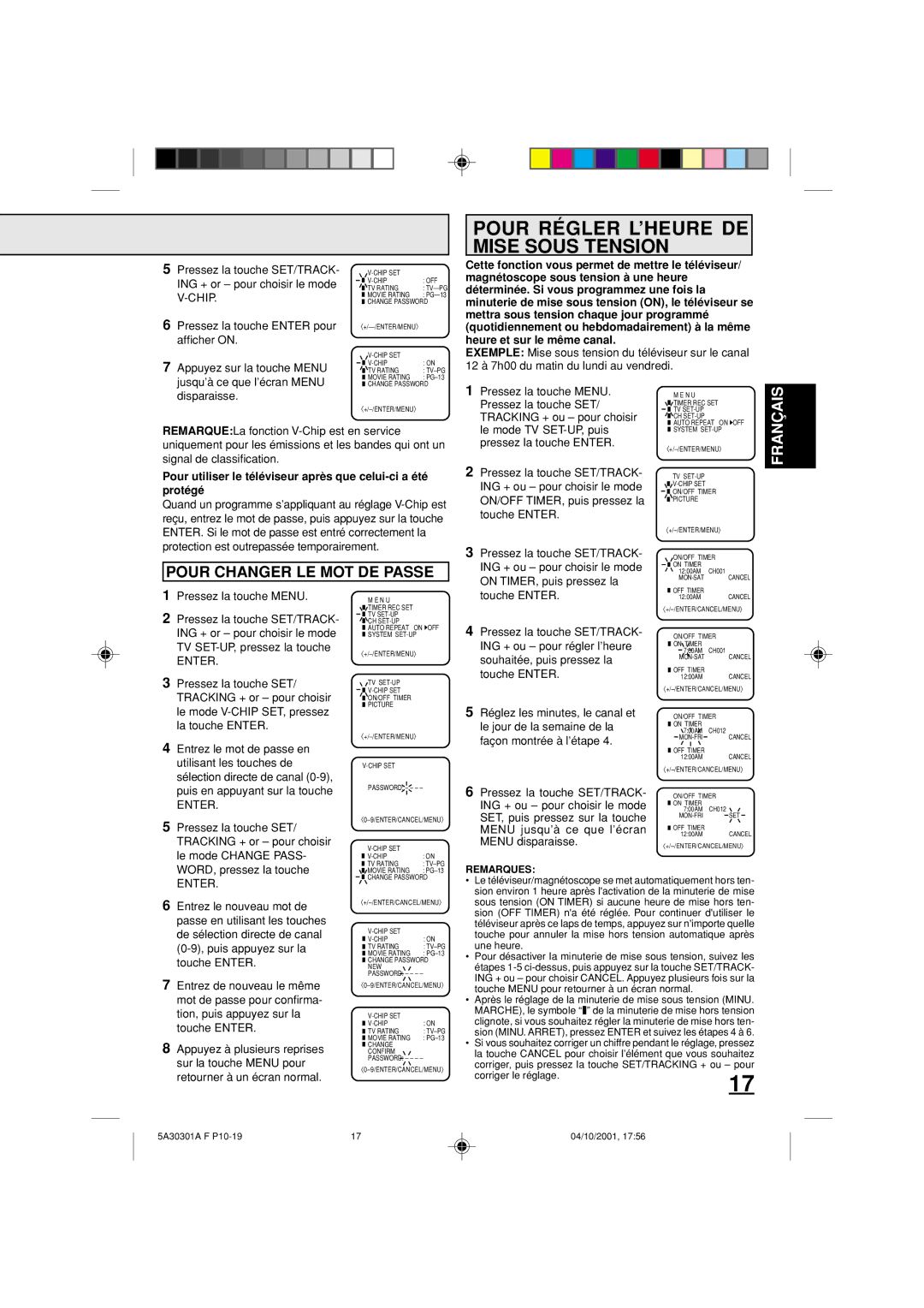 Memorex DBVT1341 owner manual Pour Régler L’HEURE DE Mise Sous Tension, Pour Changer LE MOT DE Passe, Chip 