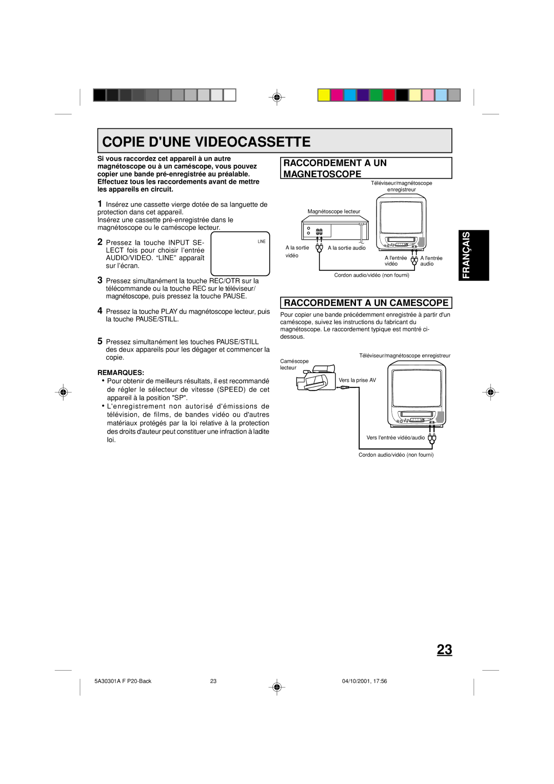 Memorex DBVT1341 owner manual Copie Dune Videocassette, Raccordement a UN Magnetoscope, Raccordement a UN Camescope 