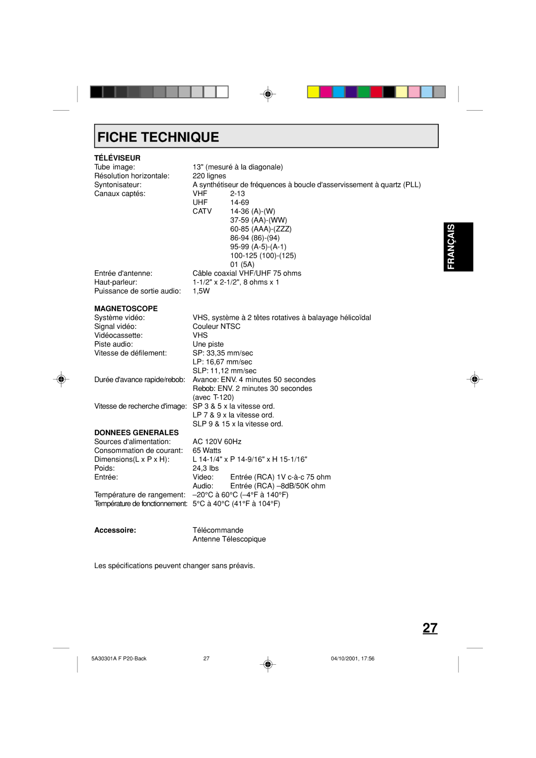 Memorex DBVT1341 owner manual Fiche Technique, Téléviseur, Magnetoscope, Donnees Generales, Vitesse de recherche dimage 