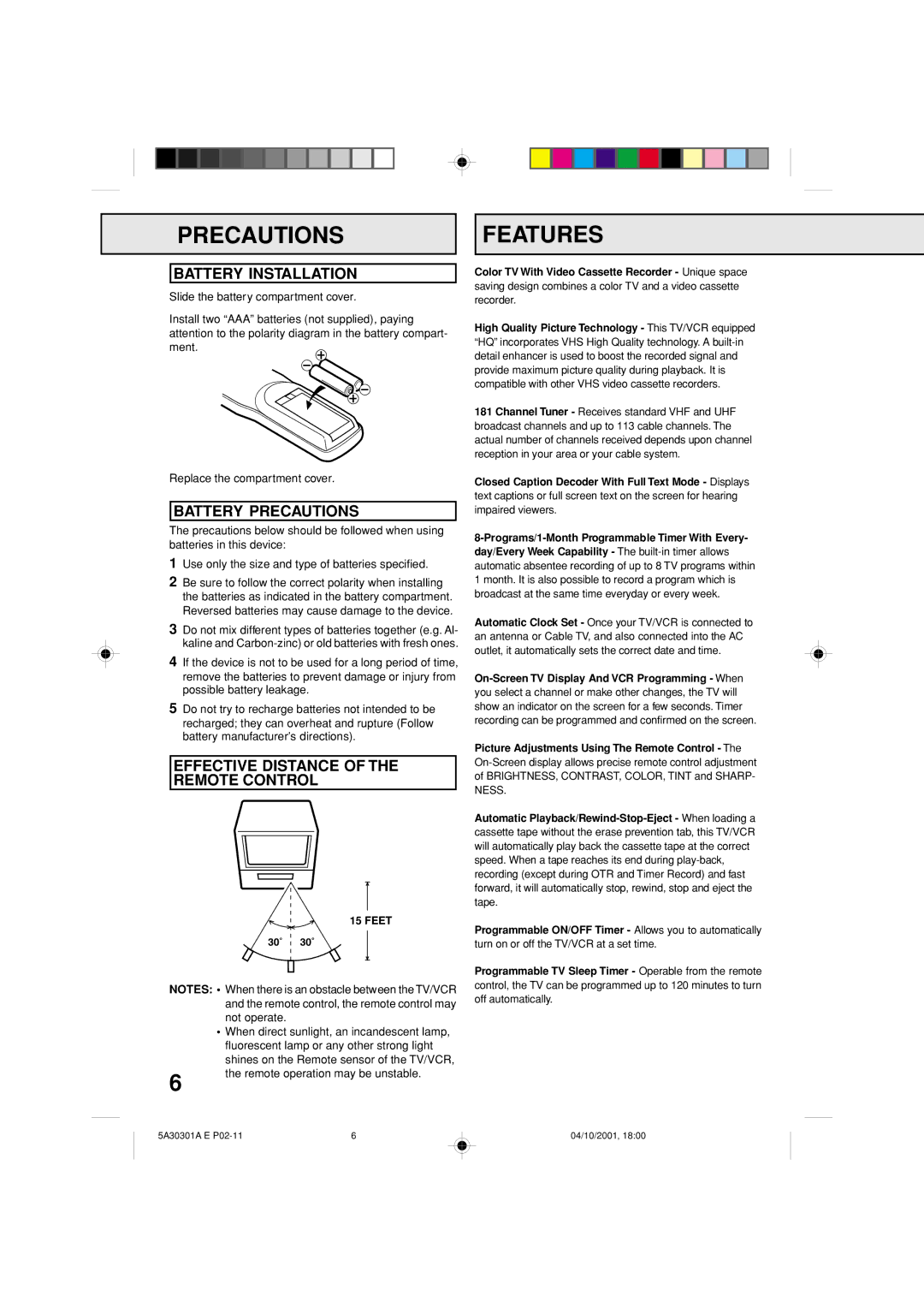 Memorex DBVT1341 Precautions Features, Battery Installation, Battery Precautions, Effective Distance of the Remote Control 