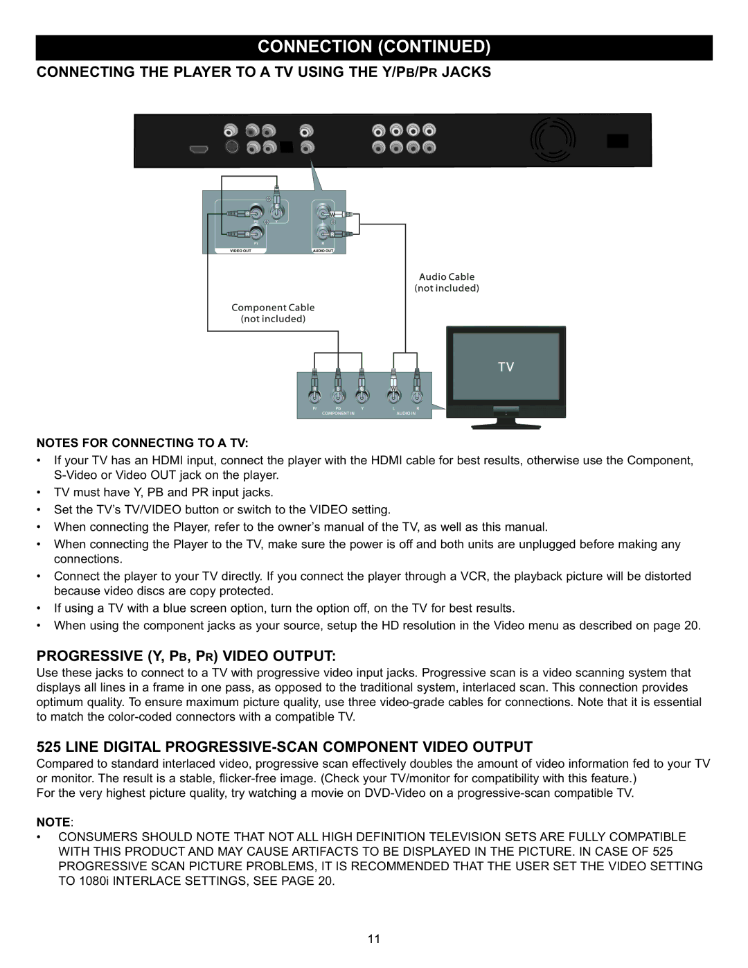 Memorex Digital Video Disc Player important safety instructions Connecting the Player to a TV Using the Y/PB/PR Jacks 