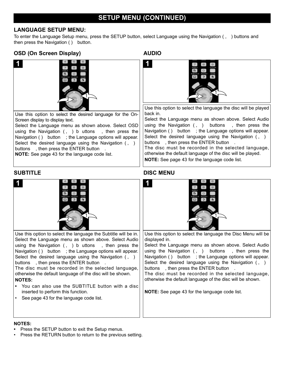 Memorex Digital Video Disc Player Language Setup Menu, Audio, Subtitle, Disc Menu, Then press the Navigation button 