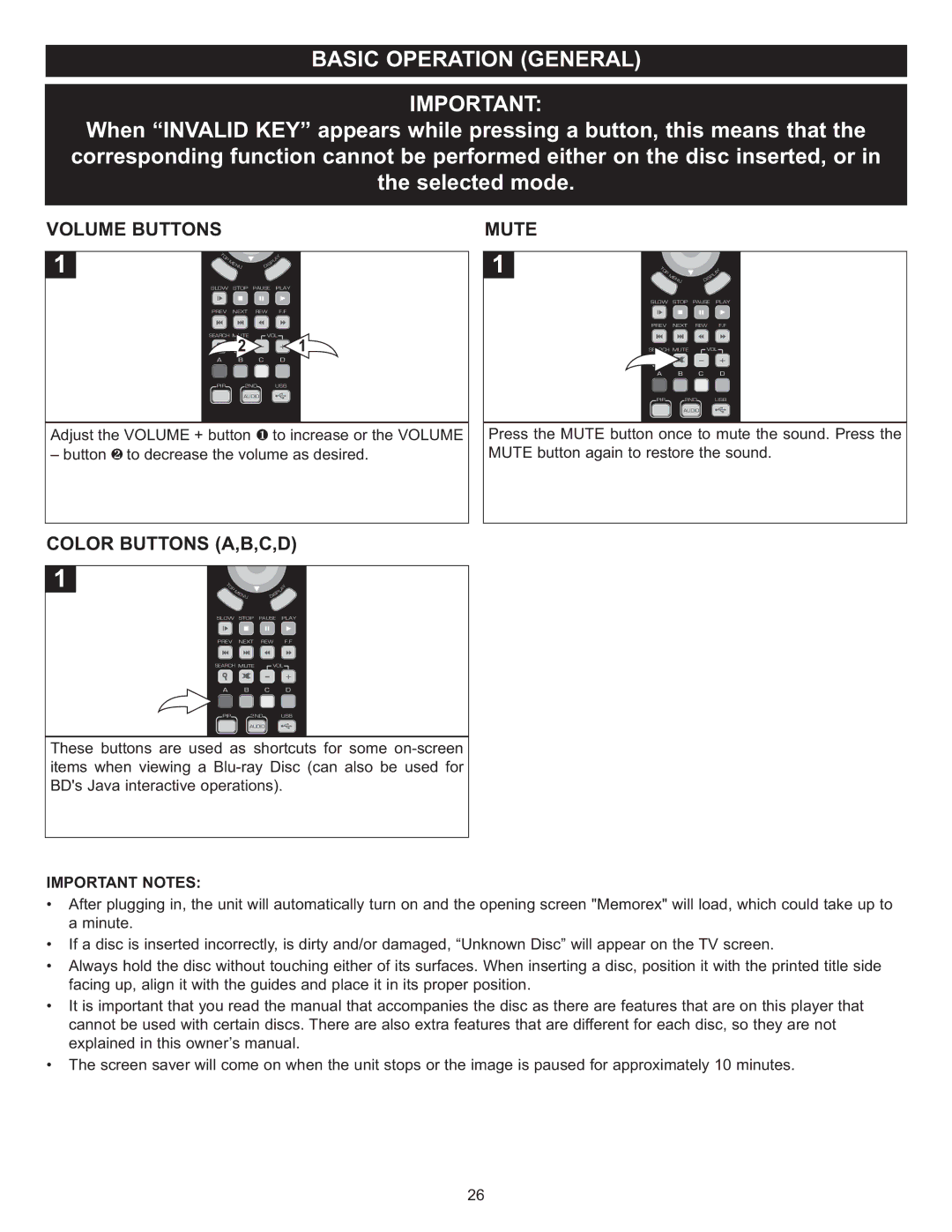 Memorex Digital Video Disc Player Volume Buttons Mute, Color Buttons A,B,C,D, Important Notes, Minute 