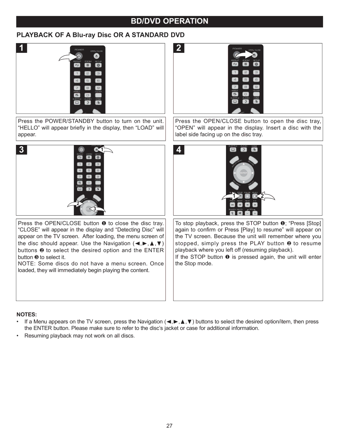 Memorex Digital Video Disc Player important safety instructions Press t he O PEN/CLOSE b utton to op en the di sc tray 