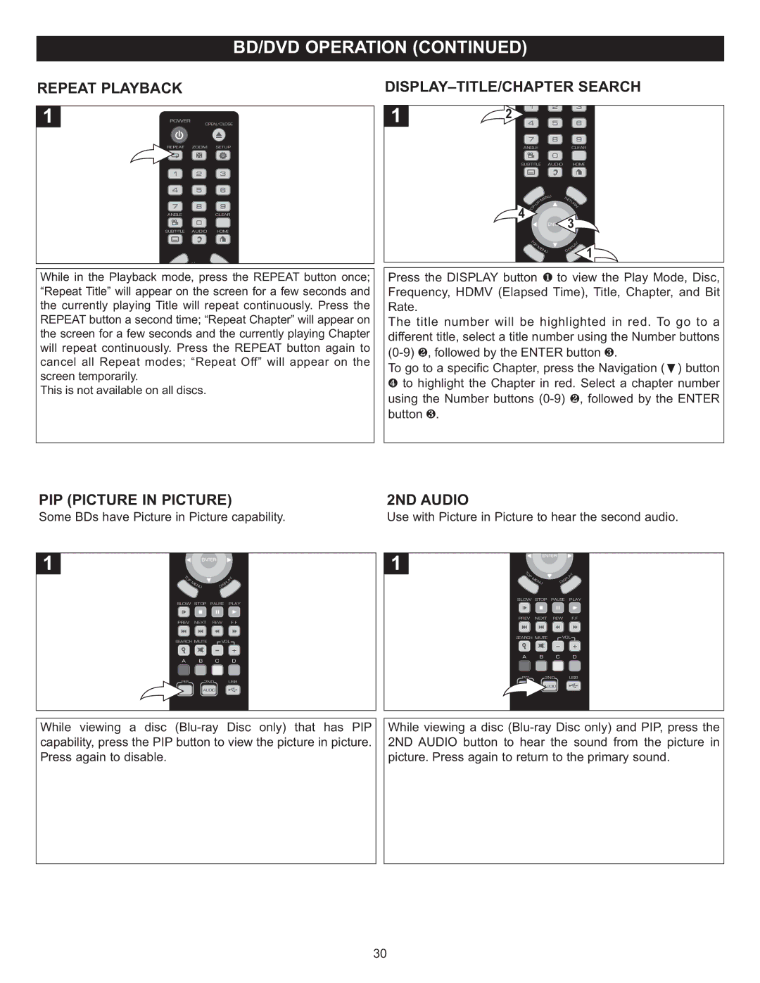 Memorex Digital Video Disc Player important safety instructions Repeat Playback, PIP Picture in Picture, 2ND Audio 