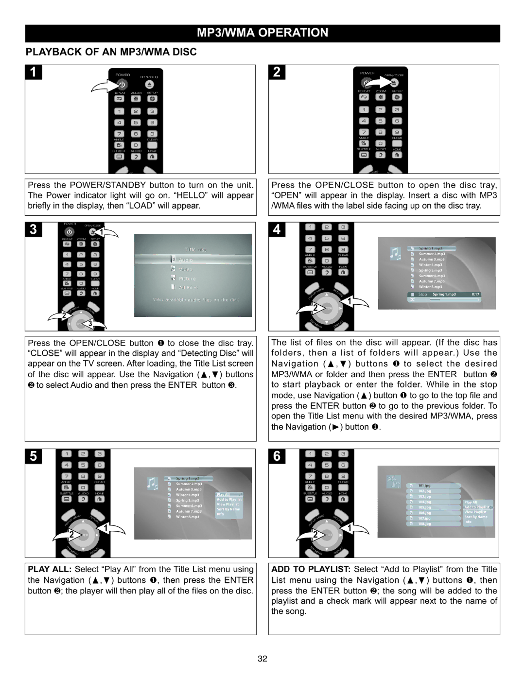 Memorex Digital Video Disc Player Playback of AN MP3/WMA Disc, Press t he O PEN/CLOSE b utton to op en the di sc tray 