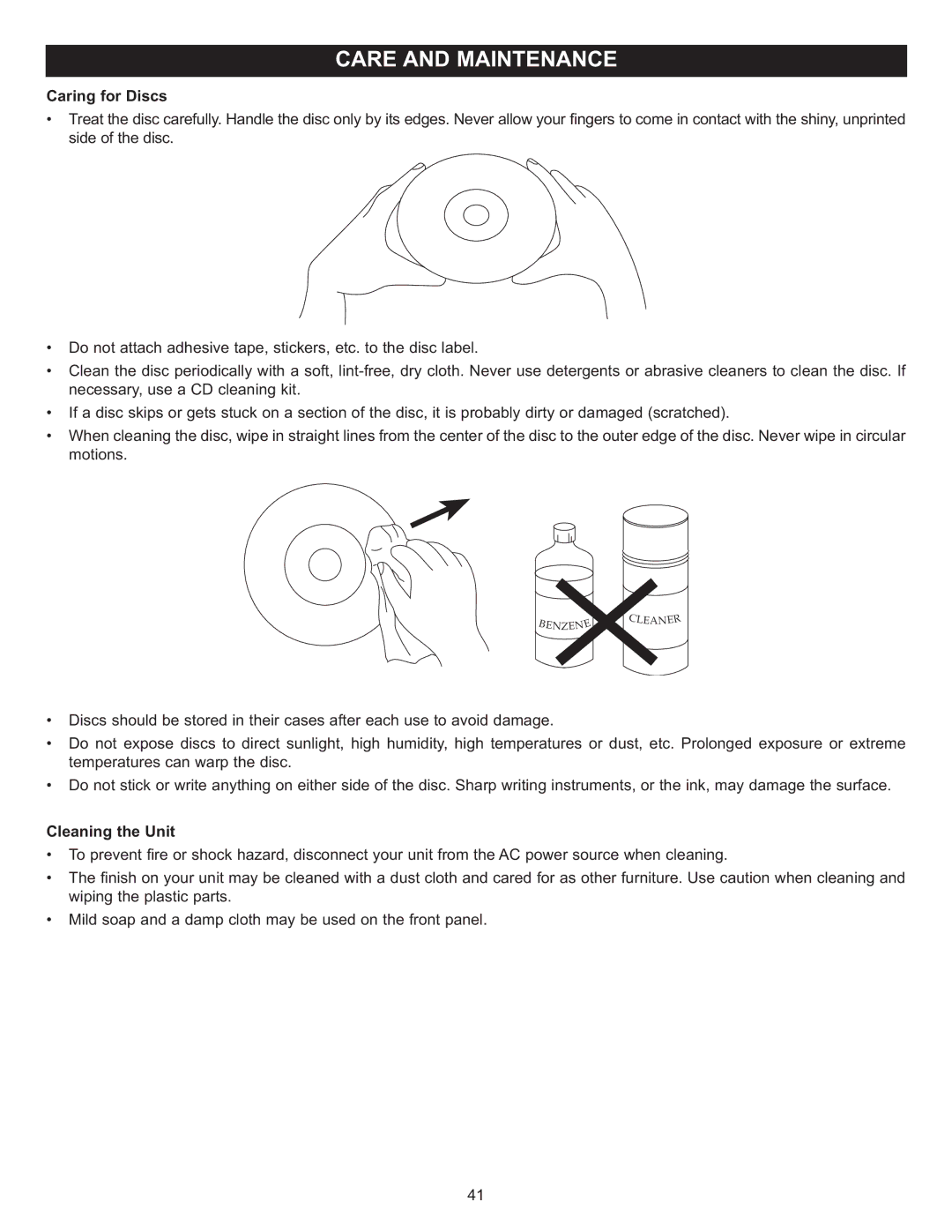 Memorex Digital Video Disc Player important safety instructions Caring for Discs, Cleaning the Unit 