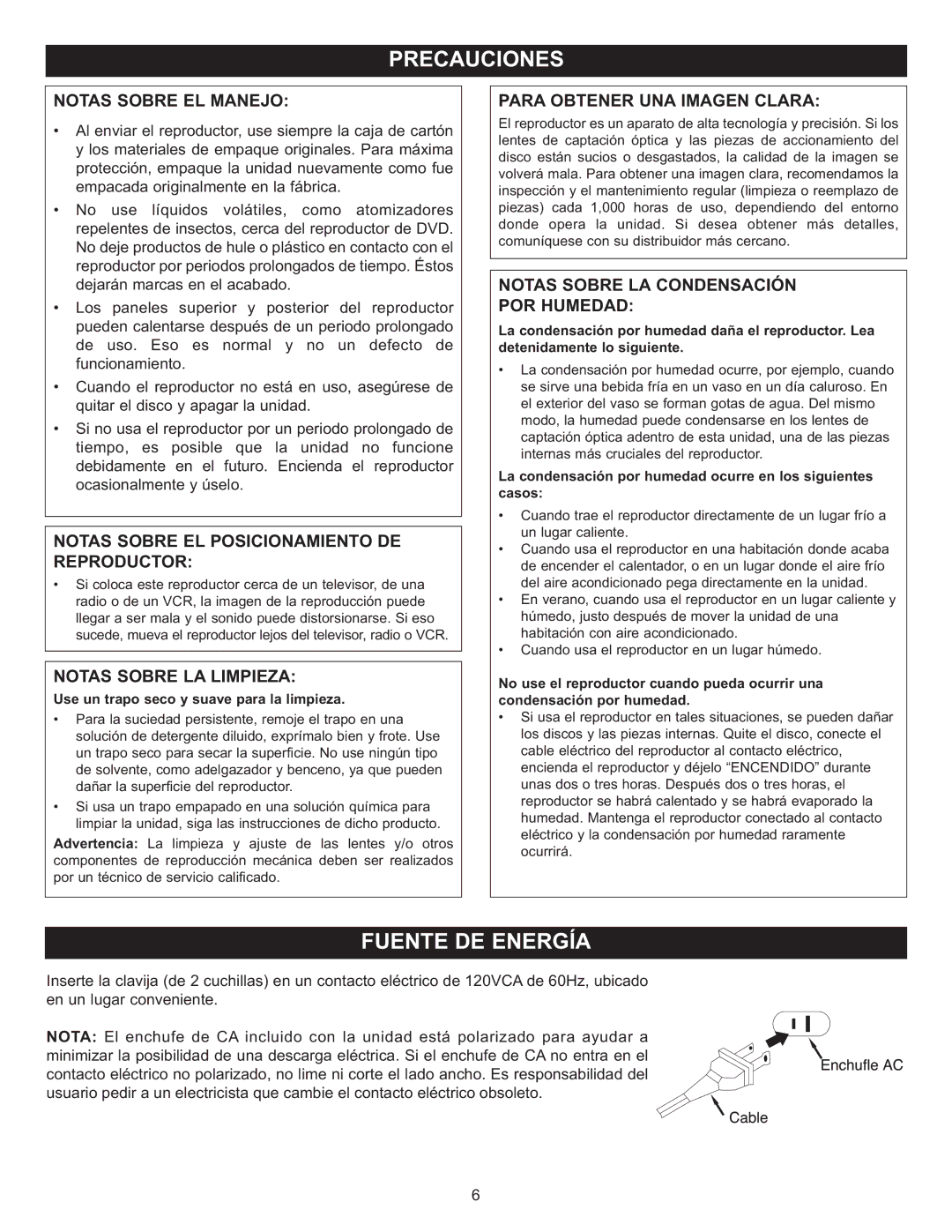 Memorex Digital Video Disc Player important safety instructions Notas Sobre EL Manejo 