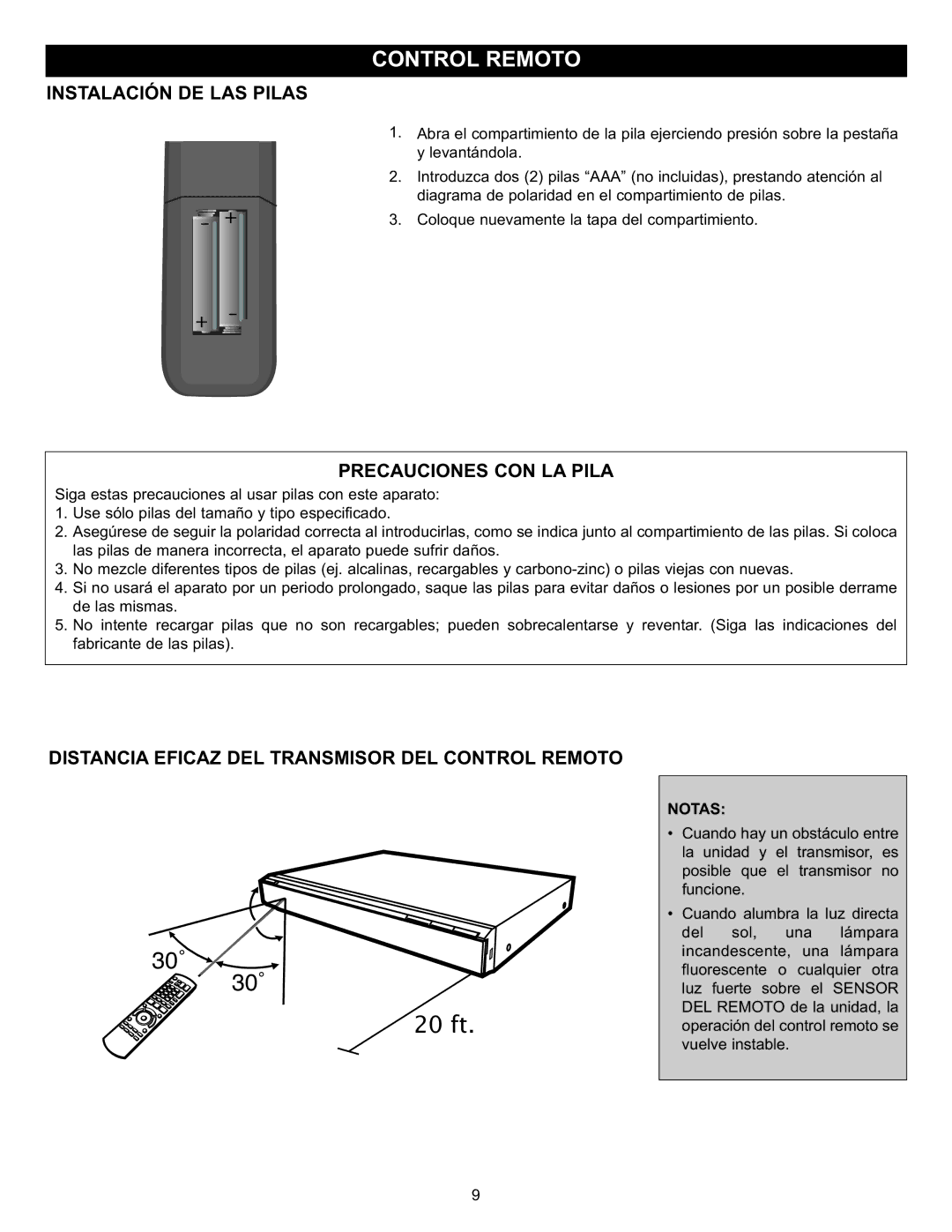 Memorex Digital Video Disc Player important safety instructions Instalación DE LAS Pilas, Precauciones CON LA Pila, Notas 