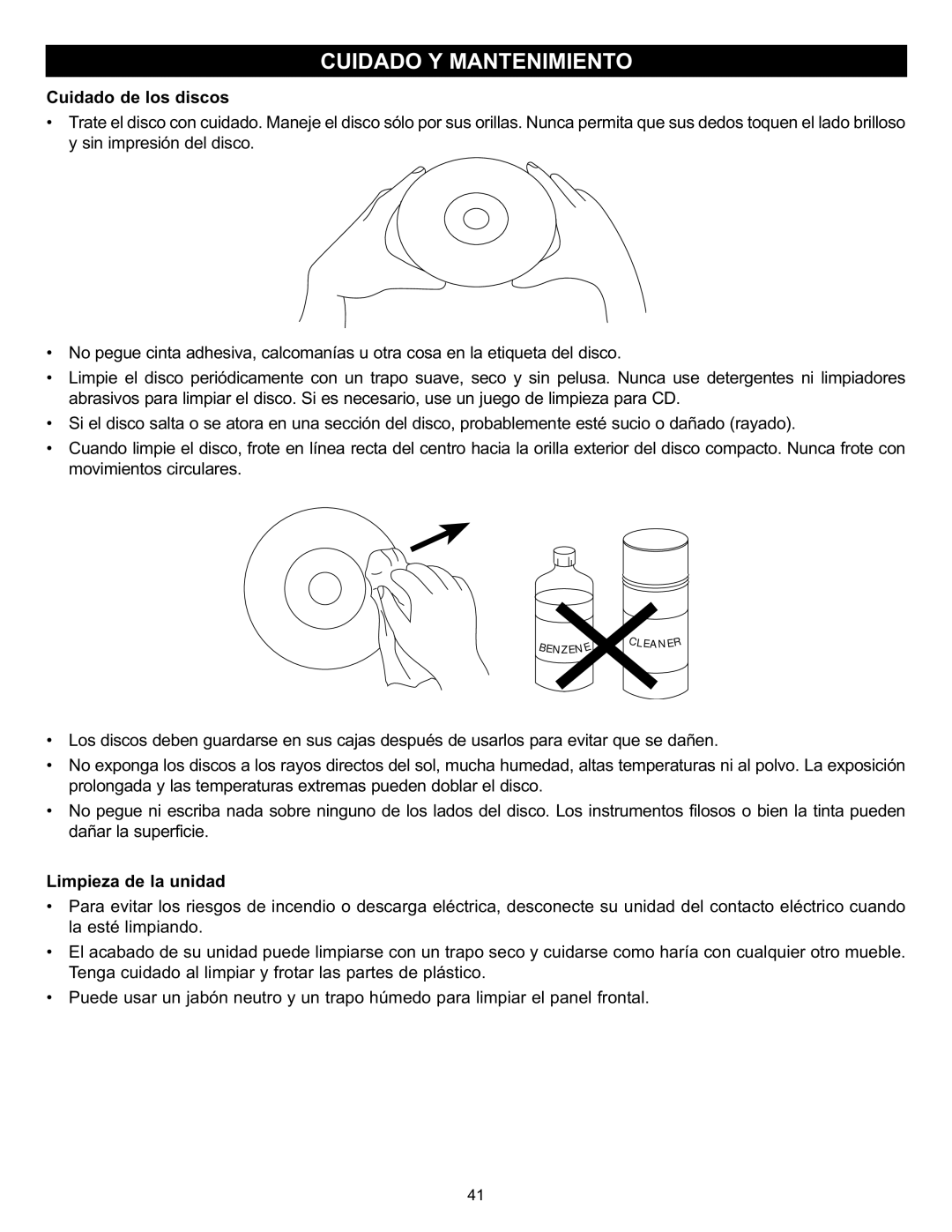 Memorex Digital Video Disc Player important safety instructions Cuidado de los discos 