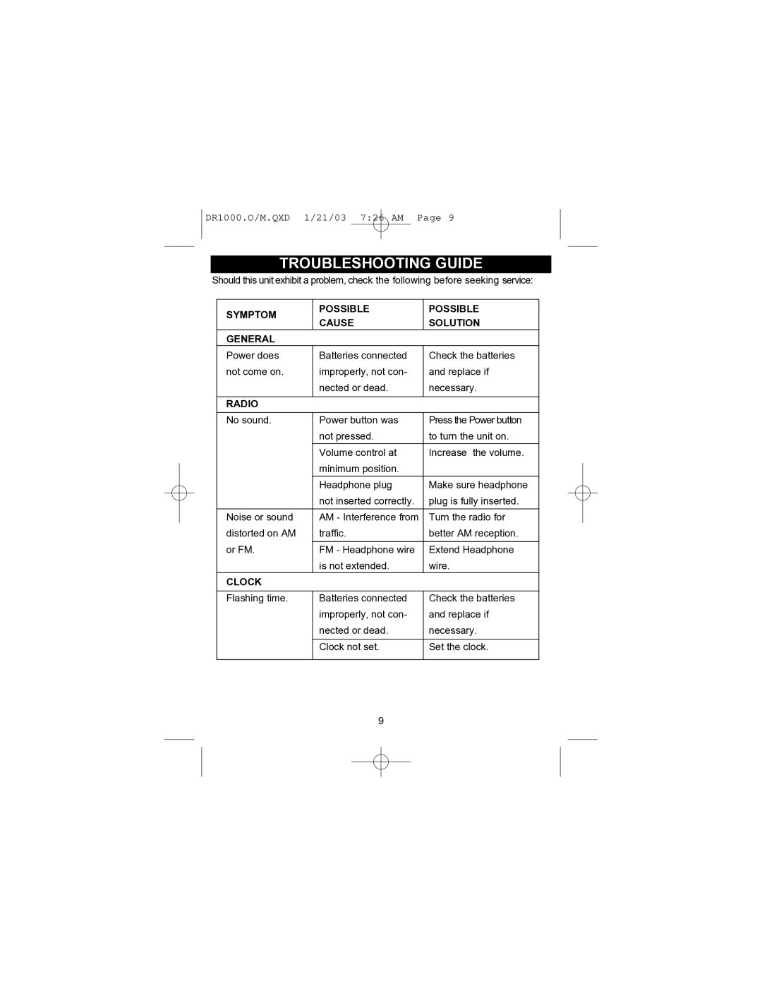 Memorex DR1000-C manual Troubleshooting Guide, Symptom Possible Cause Solution General 