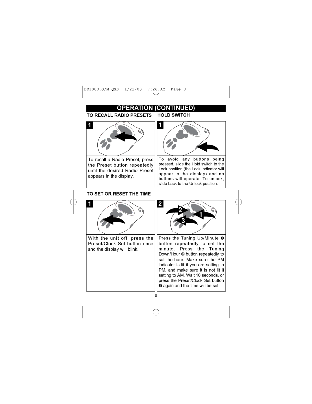 Memorex DR1000-C manual To Recall Radio Presets Hold Switch, To SET or Reset the Time 