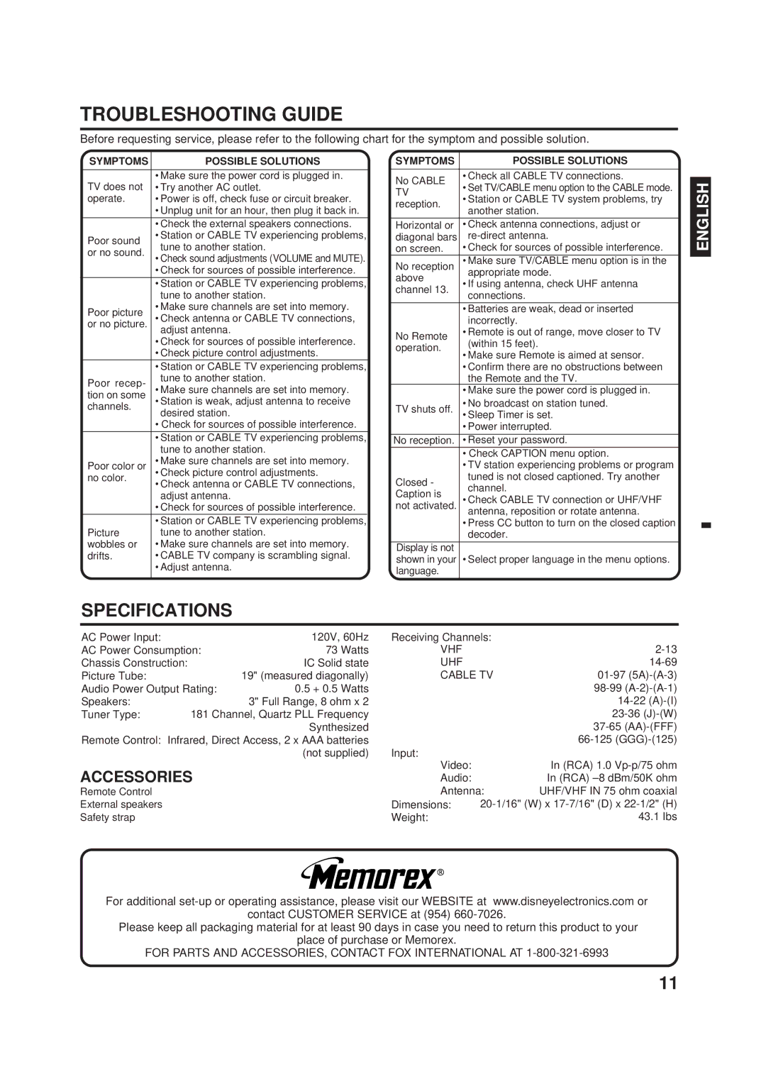 Memorex DT1900-C manual Troubleshooting Guide, Specifications, Symptoms Possible Solutions 