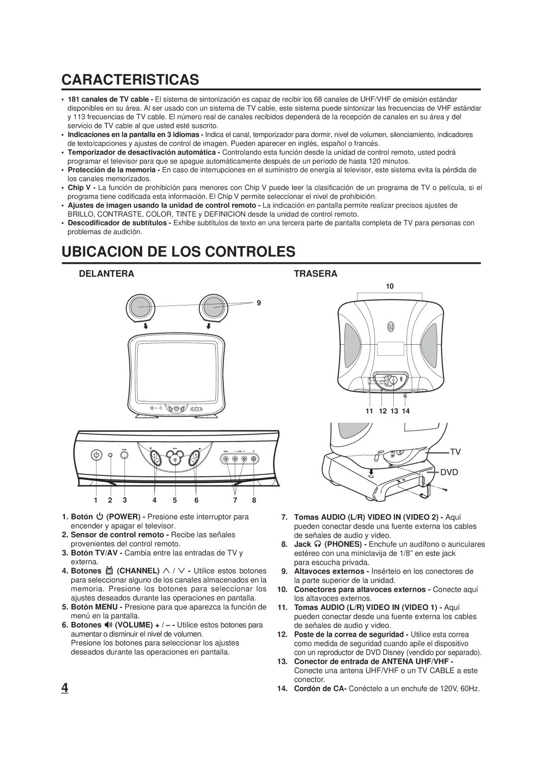 Memorex DT1900-C manual Caracteristicas, Ubicacion DE LOS Controles, Delantera Trasera, 11 12 13 