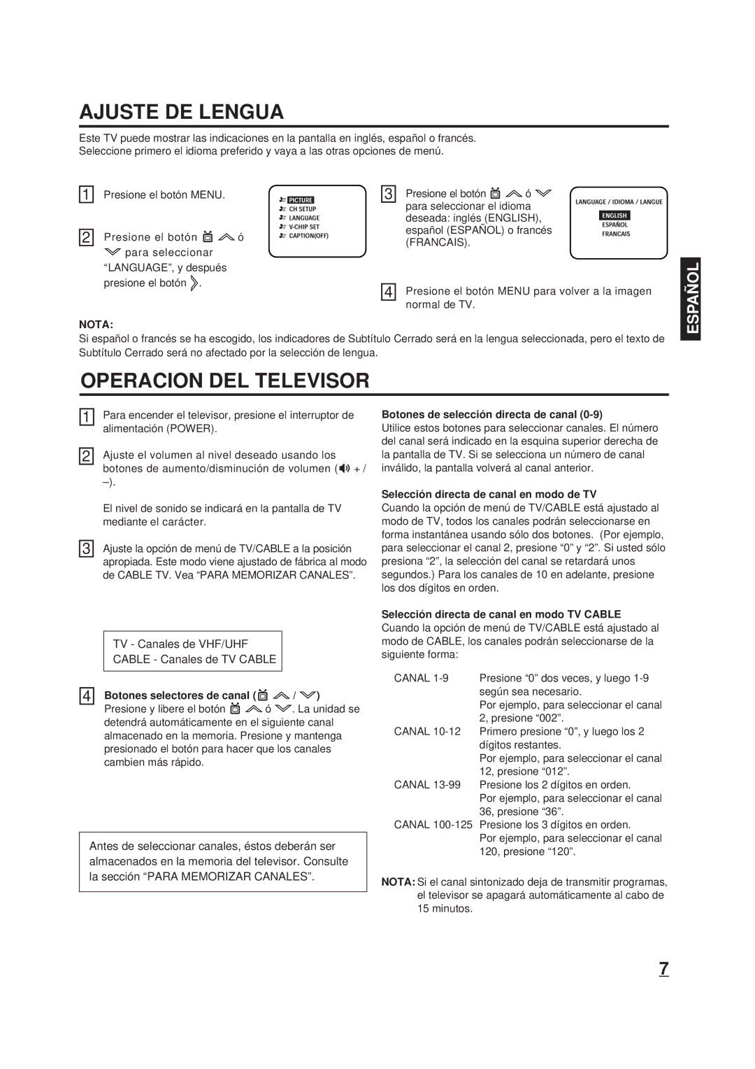 Memorex DT1900-C manual Ajuste DE Lengua, Operacion DEL Televisor, Nota 