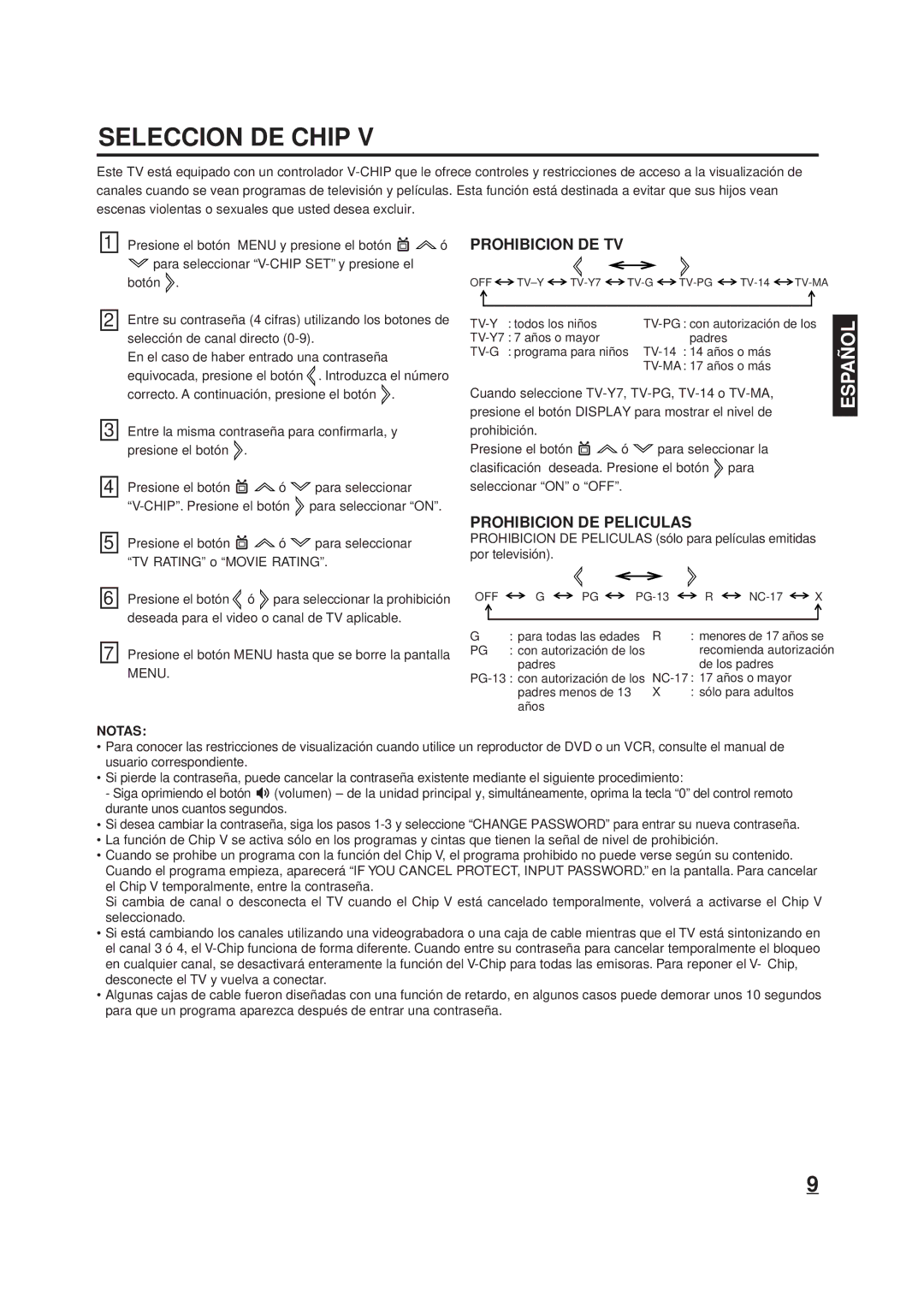 Memorex DT1900-C manual Seleccion DE Chip, Prohibicion DE TV, Prohibicion DE Peliculas, Notas 