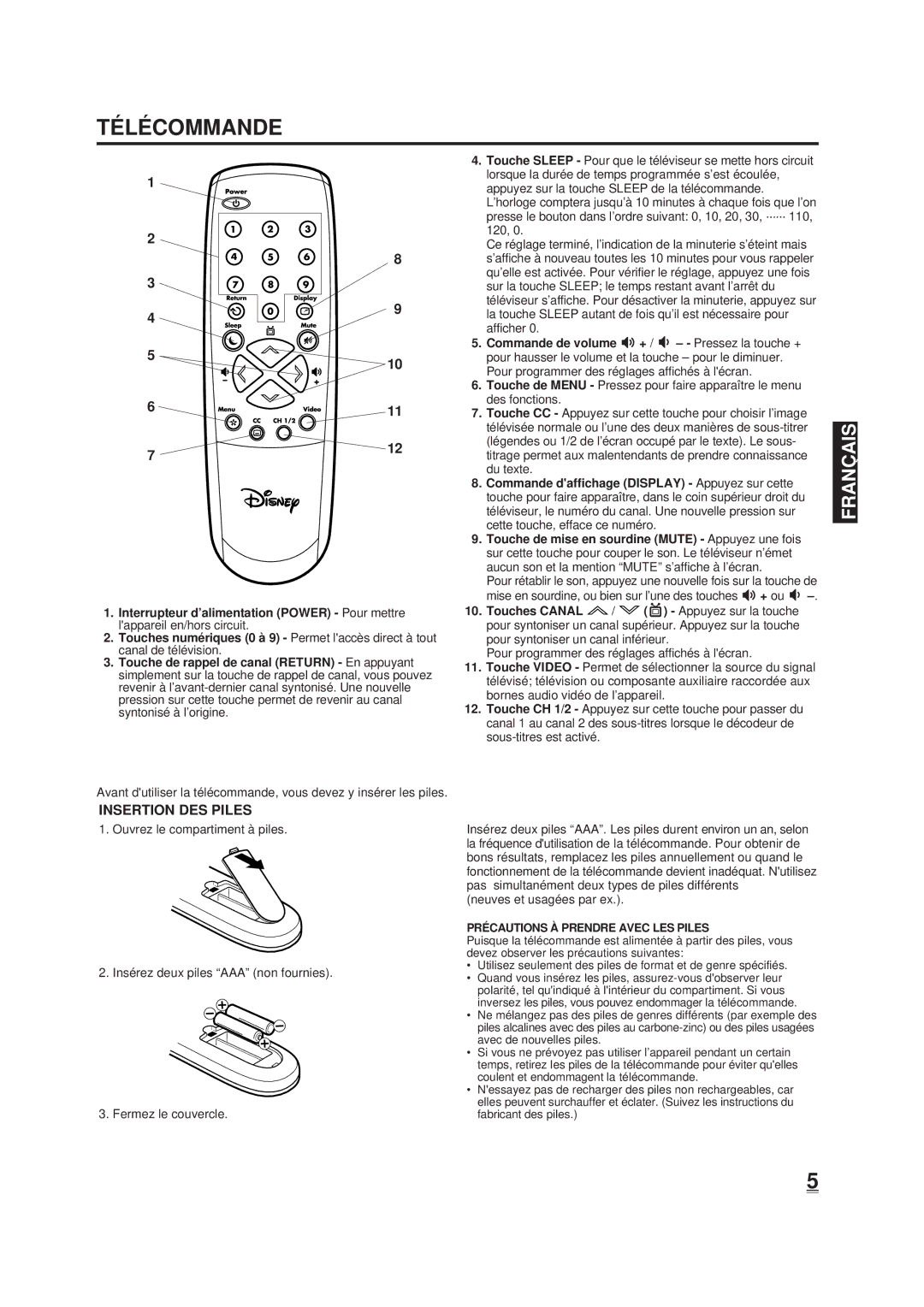 Memorex DT1900-C manual TÉ LÉ Commande, Insertion DES Piles 