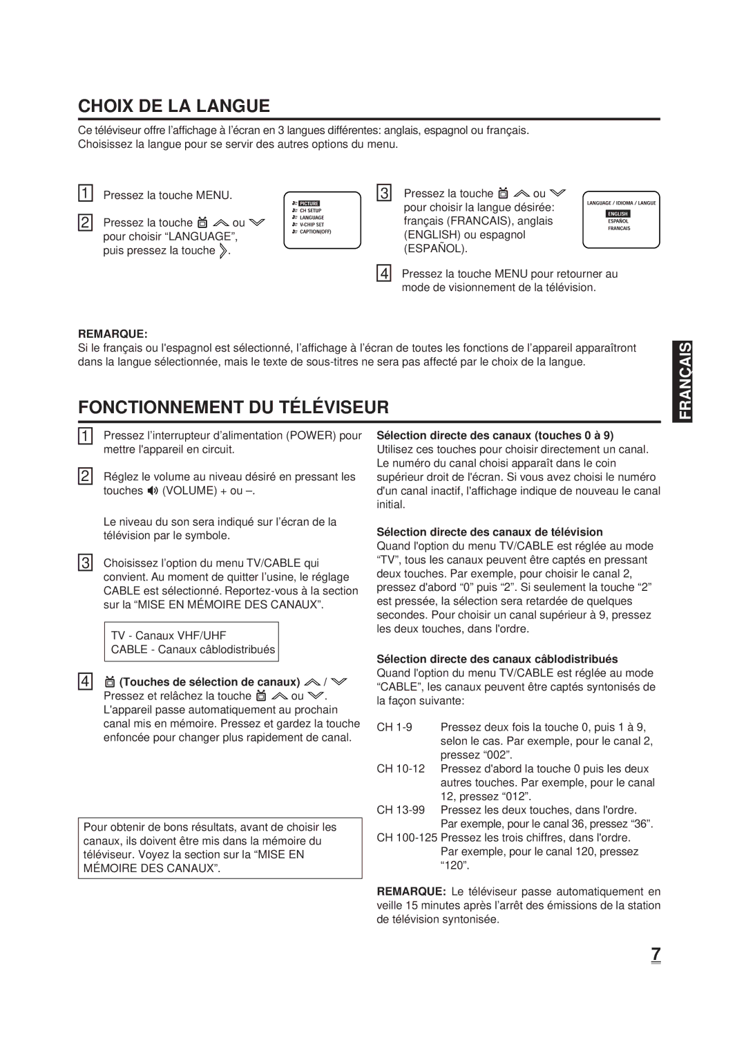 Memorex DT1900-C manual Choix DE LA Langue, Fonctionnement DU TÉ LÉ Viseur, Remarque 