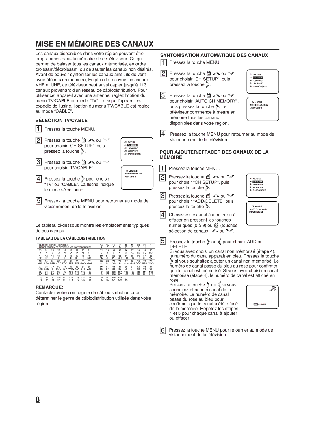 Memorex DT1900-C manual Mise EN MÉ Moire DES Canaux, SÉ Lection TV/CABLE, Syntonisation Automatique DES Canaux, Remarque 